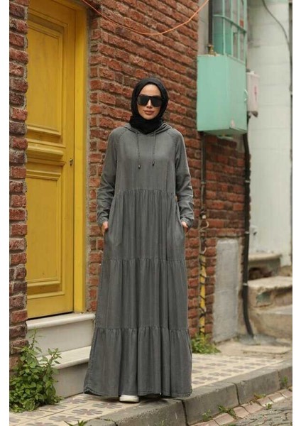 6531-DENIM Kapşonlu Reglan Kollu Elbise Gri fiyatları