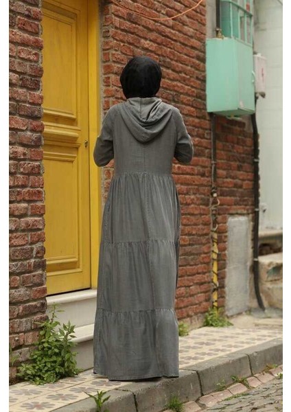 6531-DENIM Kapşonlu Reglan Kollu Elbise Gri modelleri