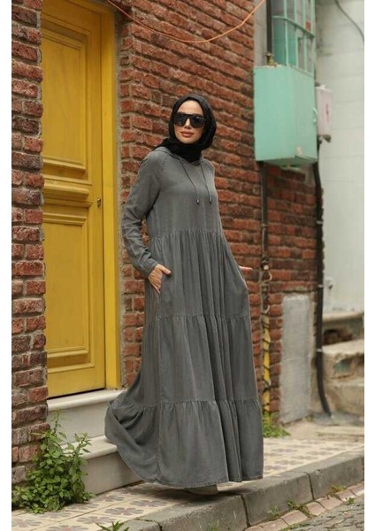6531-DENIM Kapşonlu Reglan Kollu Elbise Gri fırsatları