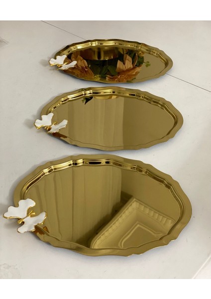 20X25 cm Altın Oval Sunum Tepsisi, 3 Adet Beyaz Kelebek Detaylı Set
