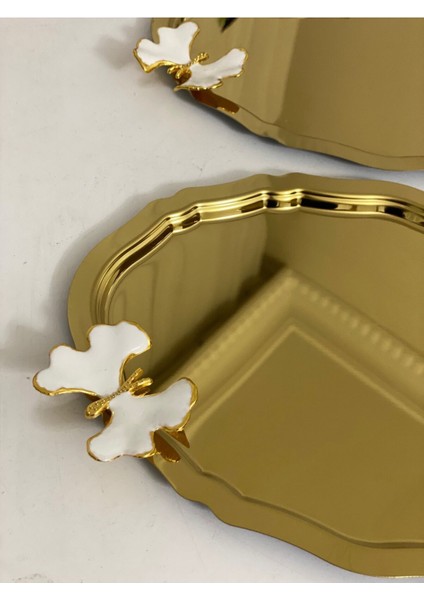 20X25 cm Altın Oval Sunum Tepsisi, 3 Adet Beyaz Kelebek Detaylı Set fiyatları