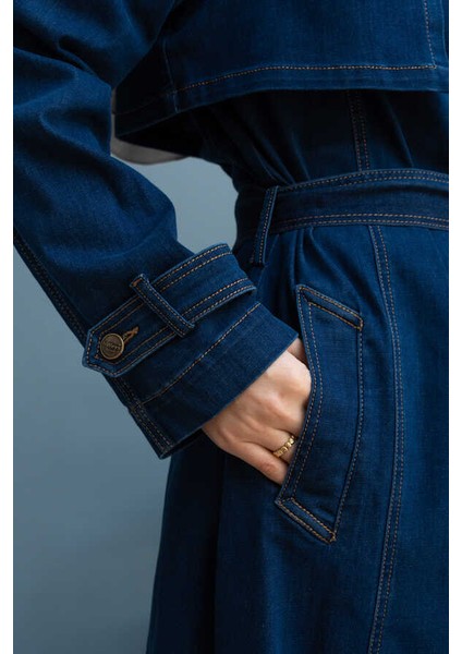 6458-DENIM Trençkot Koyu Mavi