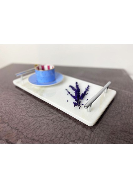 Doğal Mermer Sunum Tepsisi 15X30 Gümüş Slim Beyaz, Şık ve Zarif Kullanım Için Ideal.