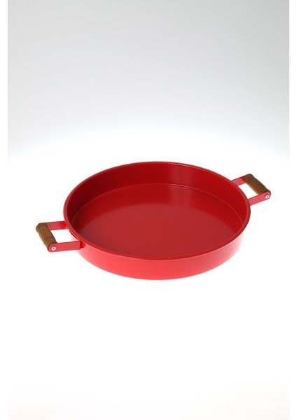 Kırmızı Ahşap Kulplu Yuvarlak Tepsi, Yılbaşı Sunum ve Servis Için 48X37X5 cm