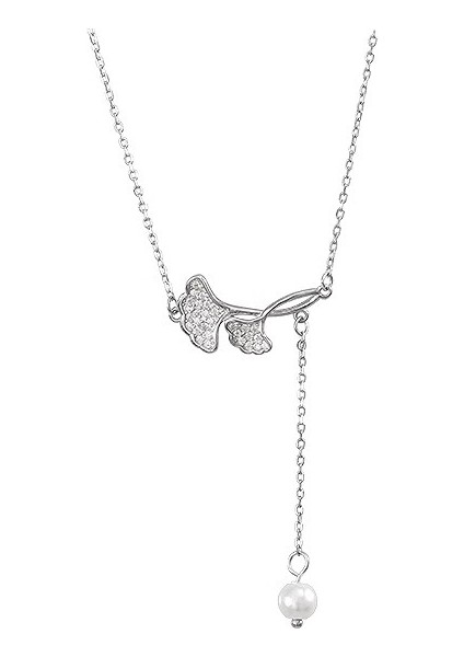 R1605 Gümüş Ginkgo Yaprağı Zirkon Kolye (Yurt Dışından)