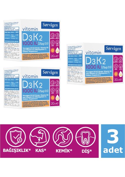 Vitamin D3K2 Damla 20 Ml (1000 Iu)- 3 Adet