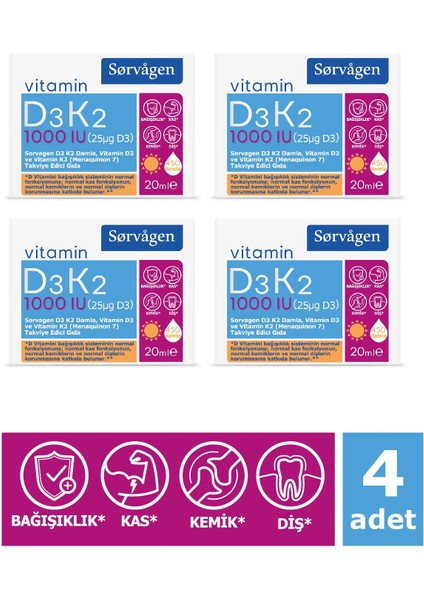 Vitamin D3K2 Damla 20 ml (1000 Iu)- 4 Adet fiyatları