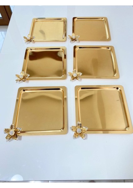 Paslanmaz Çelik Kare 6'lı Gold Sunum ve Dekor Servis Tepsisi fiyatları