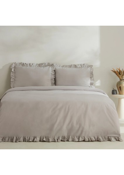 Pure Ruffle %100 Pamuk Çift Kişilik Nevresim Takımı Açık Gri