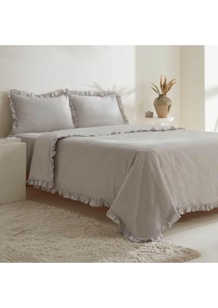 Pure Ruffle %100 Pamuk Çift Kişilik Nevresim Takımı Açık Gri fiyatları