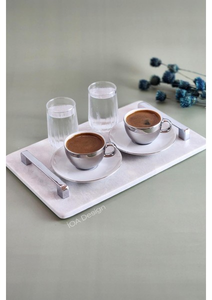 Ince Mermer Sunum Tepsi 32X20 Cm, Gümüş Kulplu Şık Tasarım