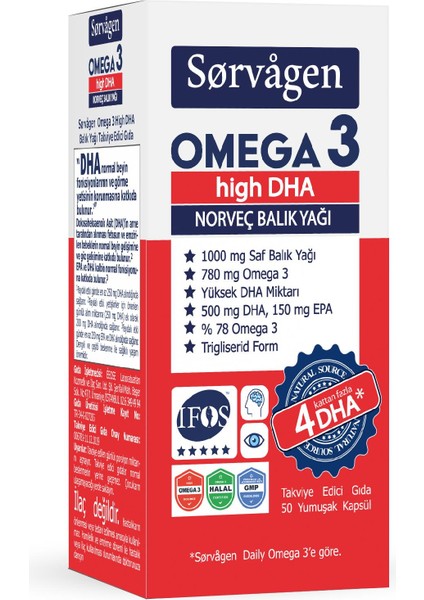 Omega 3 High Dha Saf Norveç Balık Yağı, 50 Kapsül, 1000 Mg fiyatları