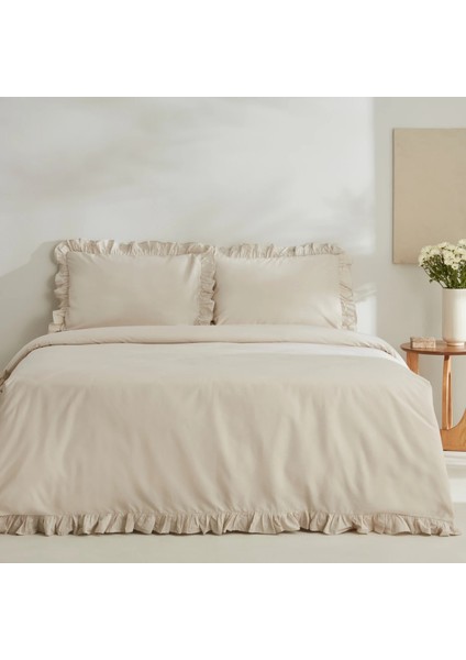 Pure Ruffle %100 Pamuk King Size Nevresim Takımı Ekru