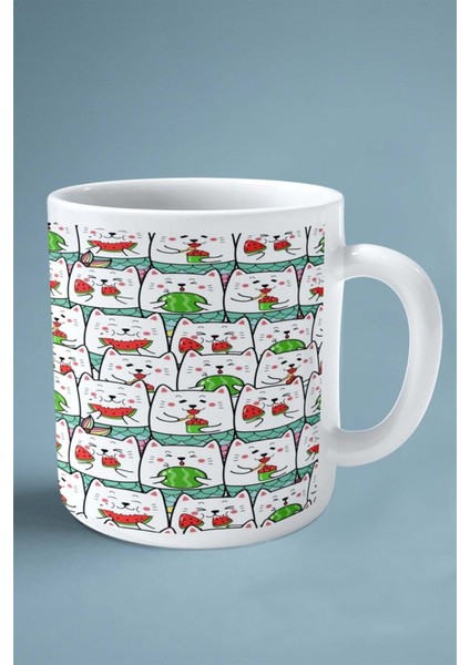 Kedi Çift Taraflı Baskılı Kupa Bardak Kişiye Özel Karpuz Vişne