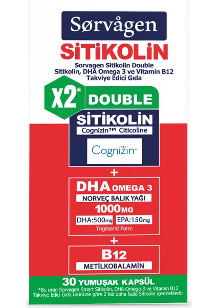 Smart Double Sitikolin (250 mg), Dha Omega 3 ve B12 (30 Kapsül)