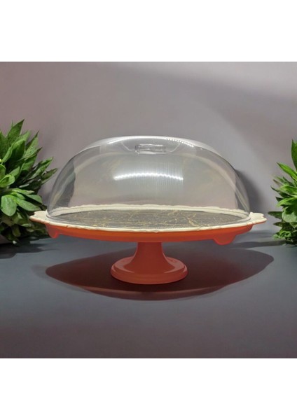 Beyaz Melamin Ayaklı Kek Fanusu, Kapaklı, Altın Damar, 33CM, 19CM, 741GR