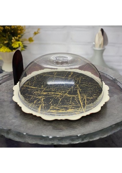 Beyaz Melamin Ayaklı Kek Fanusu, Kapaklı, Altın Damar, 33CM, 19CM, 741GR modelleri