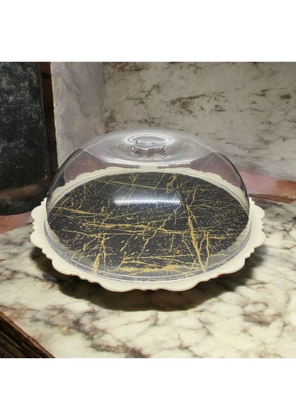 Beyaz Melamin Ayaklı Kek Fanusu, Kapaklı, Altın Damar, 33CM, 19CM, 741GR fırsatları