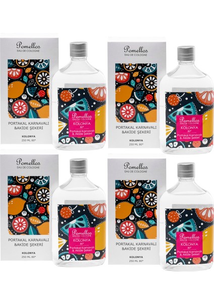 Kolonya Portakal Karnavalı & Akide Şekeri 4 Adet (4X250 Ml, 80 Derece. Cam Şişe)