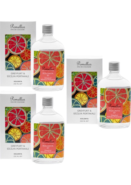Kolonya Greyfurt & Sicilya Portakalı 3 Adet (3X250 Ml, 80 Derece, Cam Şişe)