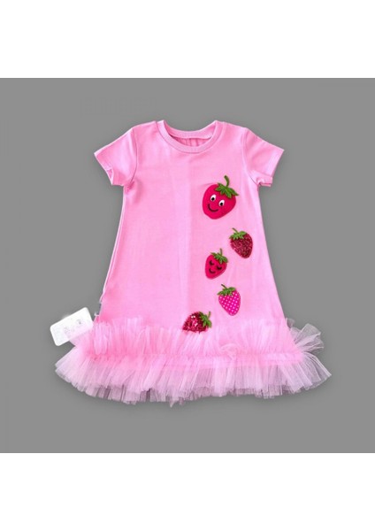 1-2-3 Yaş Payetli Çilekler Nakışlı Eteği Fırfırlı Jile Kız Çocuk Elbisesi Pembe fiyatları