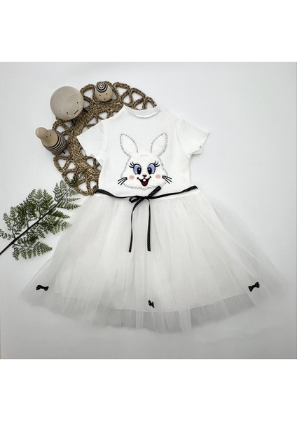 5-6-7 Yaş Payetli Tavşan Baskılı Kız Çocuk Elbisesi Beyaz