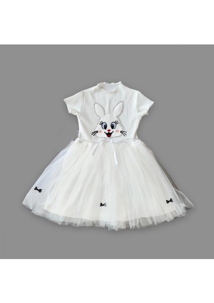5-6-7 Yaş Payetli Tavşan Baskılı Kız Çocuk Elbisesi Beyaz fiyatları