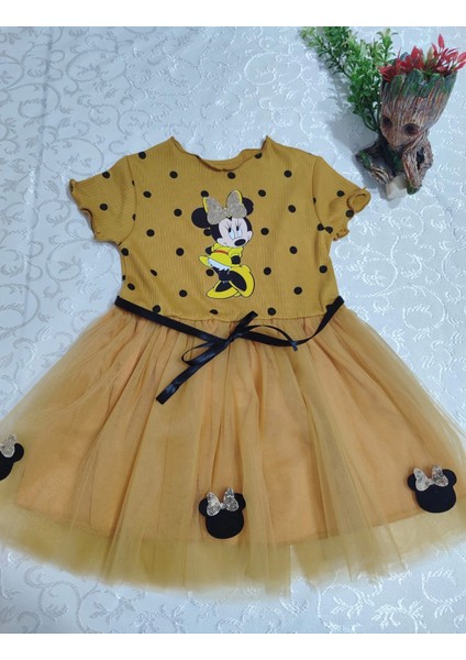2-3-4 Yaş Puantiyeli Mickey Baskılı Kurdela Kuşaklı Astarlı Kız Bebek Tütü Elbisesi Hardal modelleri