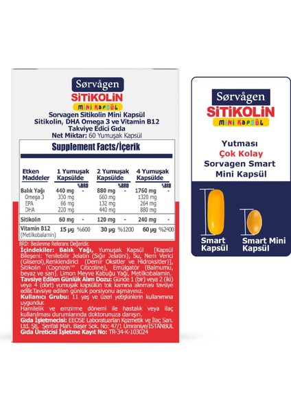 Smart Mini Kapsül Sitikolin, Dha Omega 3 ve B12 - 60 Kapsül fiyatları