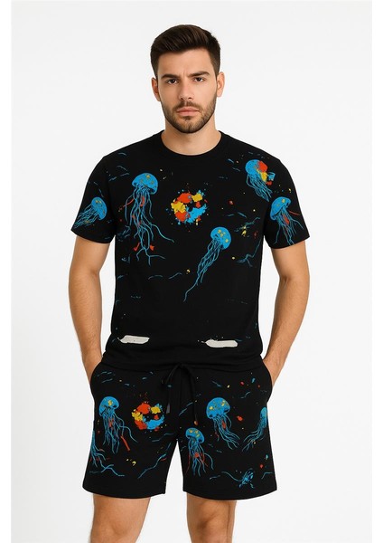 Off White Şort + T-Shirt (Deniz Baskılı) Siyah