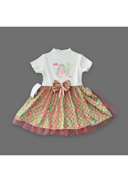 1-2-3 Yaş Denizkızı Baskılı Pul Desen Etekli Kız Bebek Elbisesi Ekru fiyatları