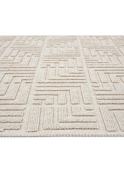 Mirage Bej Kaymaz Tabanlı Yıkanabilir Leke Tutmayan Bohem Mutfak Kilimi Geometrik Desenli Kilim Halı