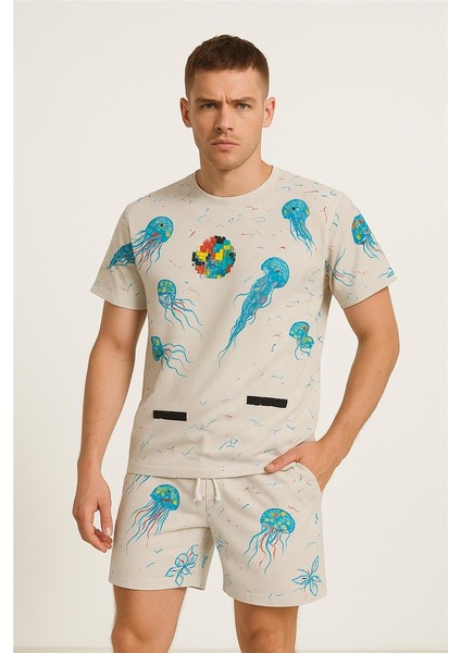 Off White Şort + T-Shirt Takım (Deniz Baskılı) Ekru
