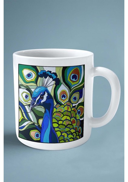 Tavus Kuşu Baskılı Kupa Bardak Çift Taraflı Kişiye Özel Çerçeveli Renkli Model 1