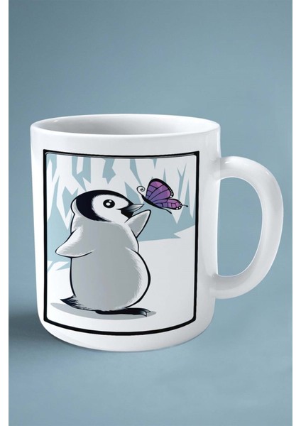 Penguen Baskılı Kupa Bardak Çift Taraflı Kişiye Özel Çerçeveli Renkli Model 11