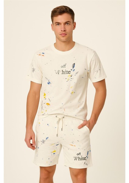 Off White Şort + T-Shirt Takım Baskılı Ekru