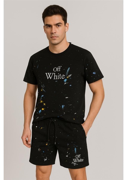 Off White Şort + T-Shirt Takım Baskılı Siyah