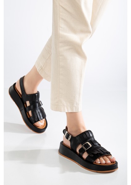 Kadın Deri Püsküllü Tokalı Sandalet - Taba fiyatları