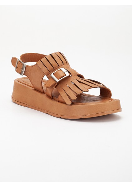 Kadın Deri Püsküllü Tokalı Sandalet - Taba fırsatları