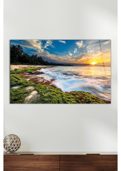 Hawaii Gün Batımı Yatay Cam Tablo, Modern Ev Ofis Dekoru, Hediyelik Duvar Dekorasyonu, Kırılmaz Cam
