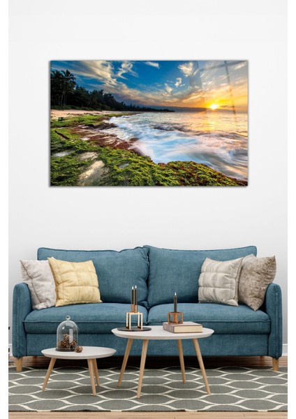 Hawaii Gün Batımı Yatay Cam Tablo, Modern Ev Ofis Dekoru, Hediyelik Duvar Dekorasyonu, Kırılmaz Cam modelleri