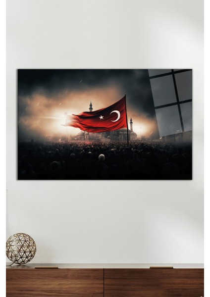Türk Bayrağı ve Savaş Zaferi Yatay Cam Tablo, Modern Ev Ofis Dekoru, Hediyelik Duvar Dekorasyonu