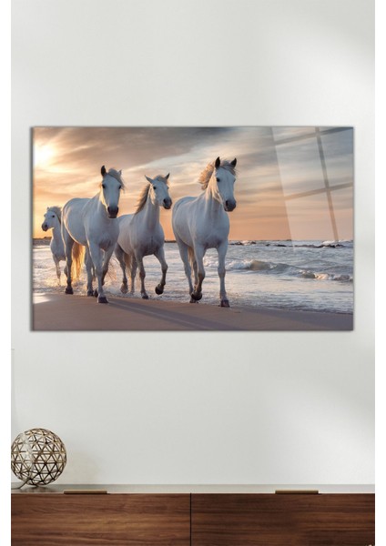 Beyaz Atlar ve Kumsal Yatay Cam Tablo, Modern Ev Ofis Dekoru, Hediyelik Duvar Dekorasyonu, Kırılmaz