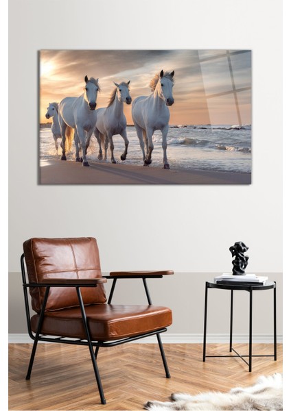 Beyaz Atlar ve Kumsal Yatay Cam Tablo, Modern Ev Ofis Dekoru, Hediyelik Duvar Dekorasyonu, Kırılmaz fiyatları