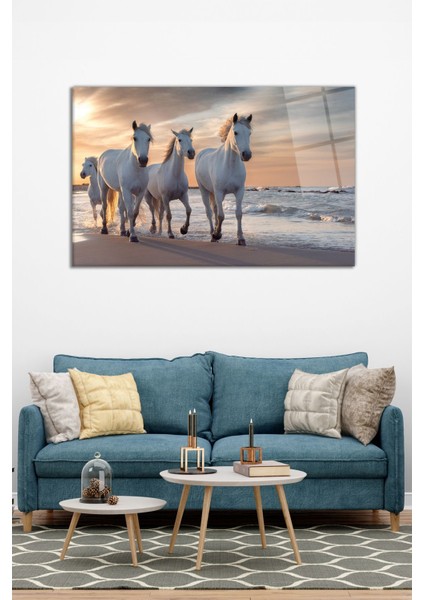 Beyaz Atlar ve Kumsal Yatay Cam Tablo, Modern Ev Ofis Dekoru, Hediyelik Duvar Dekorasyonu, Kırılmaz modelleri
