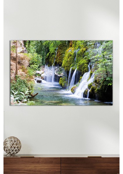Yeşil Tabiatta Şelale Yatay Cam Tablo, Modern Ev Ofis Dekoru, Hediyelik Duvar Dekorasyonu, Kırılmaz