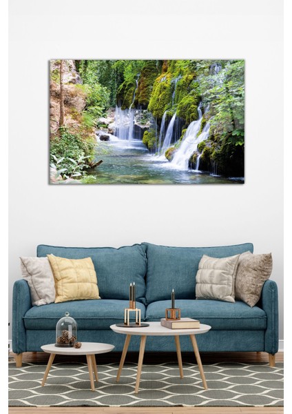 Yeşil Tabiatta Şelale Yatay Cam Tablo, Modern Ev Ofis Dekoru, Hediyelik Duvar Dekorasyonu, Kırılmaz modelleri