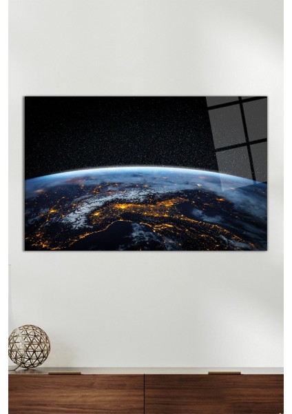 Uzay ve Dünya Yatay Cam Tablo, Modern Ev Ofis Dekoru, Hediyelik Duvar Dekorasyonu, Kırılmaz Cam
