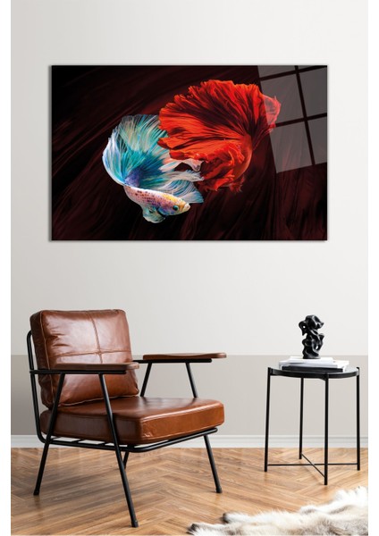 Kırmızı Mavi Beta Balıklar Yatay Cam Tablo, Modern Ev Ofis Dekoru, Hediyelik Duvar Dekorasyonu fiyatları