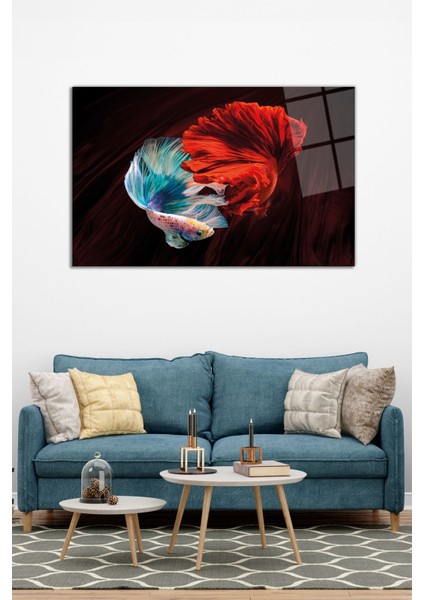 Kırmızı Mavi Beta Balıklar Yatay Cam Tablo, Modern Ev Ofis Dekoru, Hediyelik Duvar Dekorasyonu modelleri